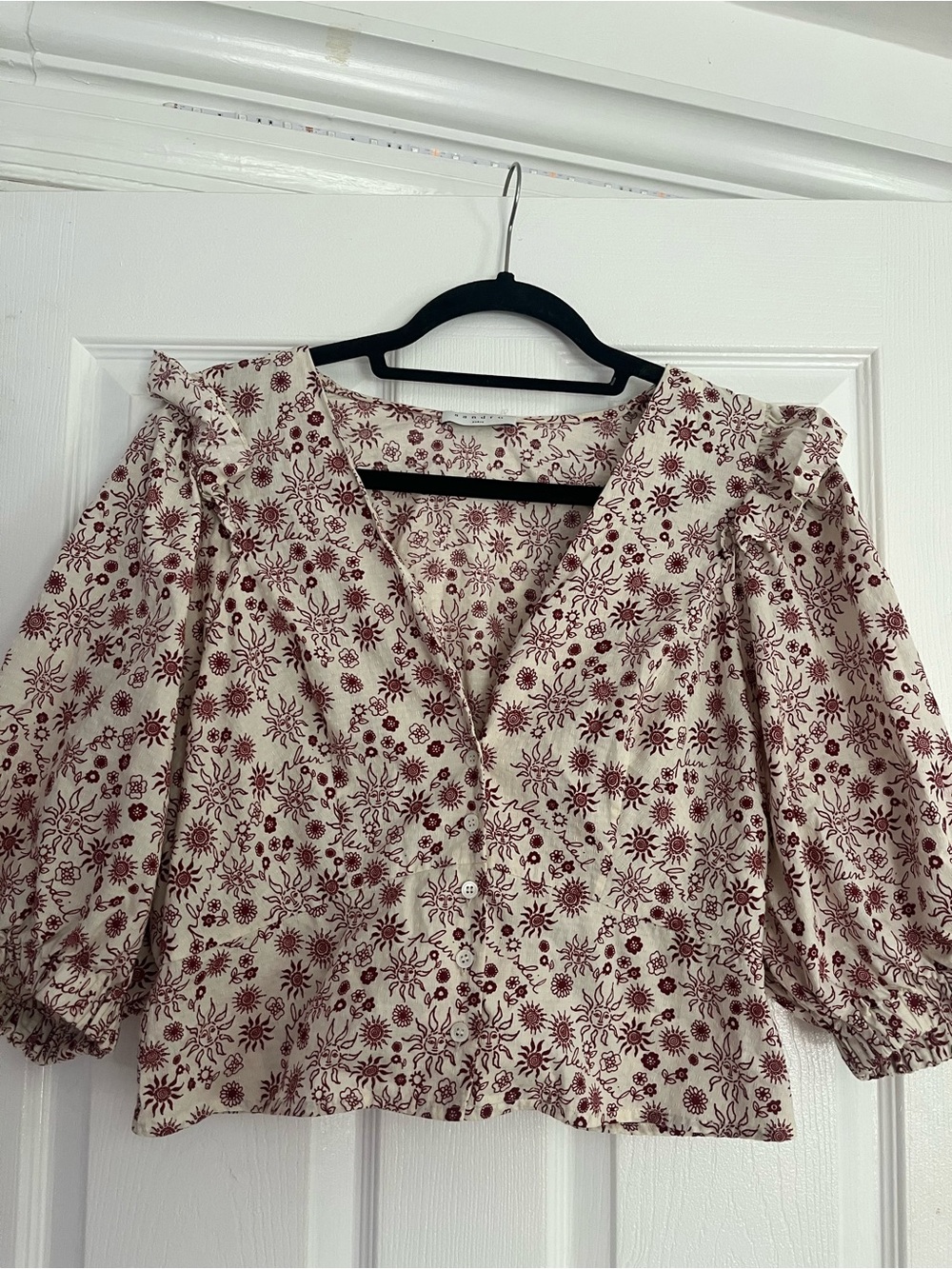 Vintage Sandro Paris Cream Floral Button-Front Blouse with Burgundy Print